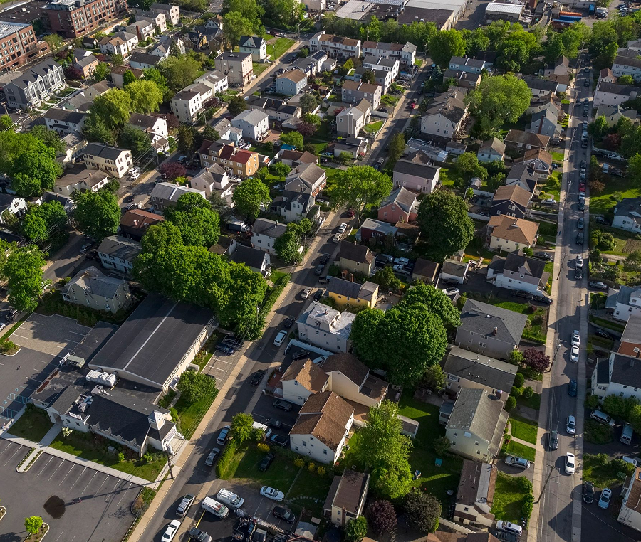 Suburban neighborhood aerial view